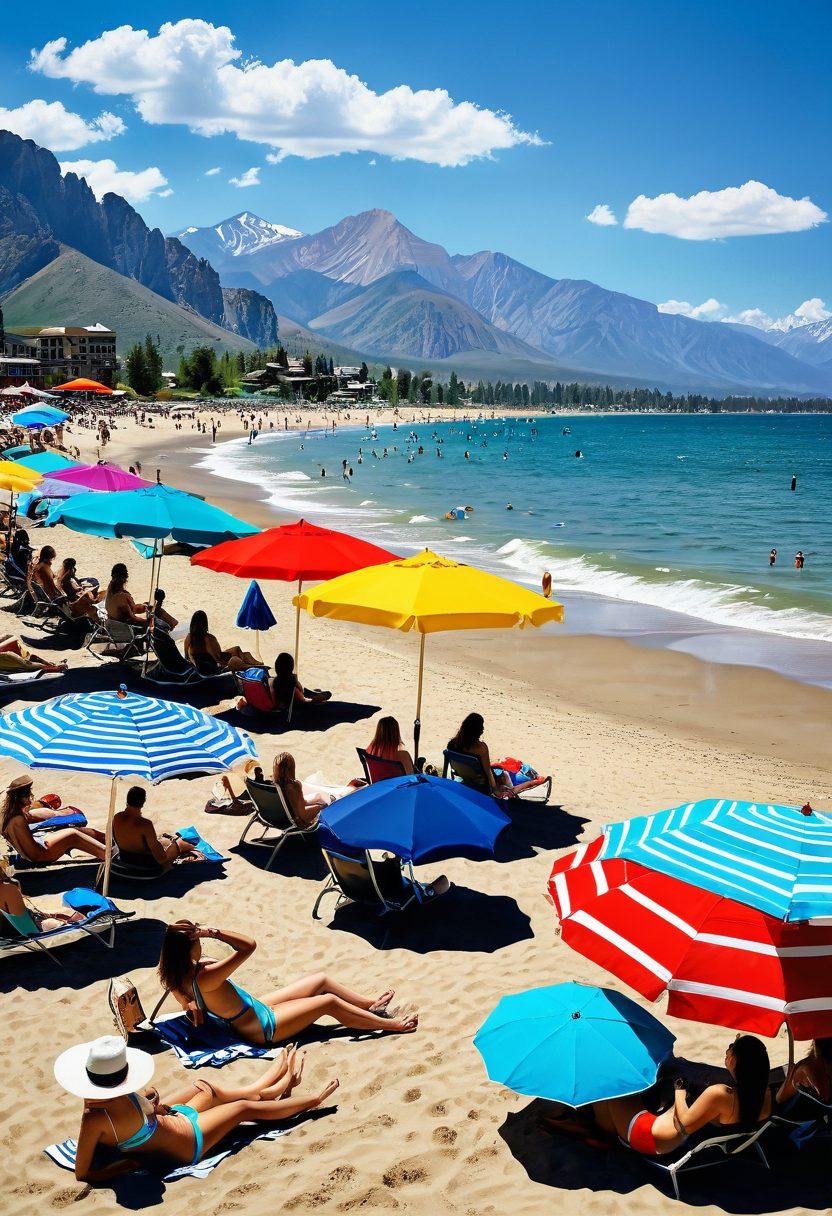 A sunny Colorado beach scene showcasing a diverse group of people confidently wearing stylish thongs and trendy bikinis. Include colorful beach towels, chic beach umbrellas, and fashionable accessories like sun hats and sunglasses. The backdrop features the Rocky Mountains under a clear blue sky, creating a vibrant atmosphere. Capture the essence of summer fun and beach elegance. super-realistic. vibrant colors. 3D.