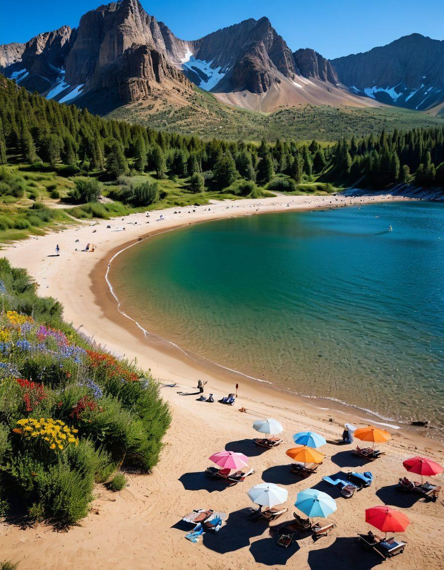 A vibrant beach scene set against the stunning Rocky Mountains of Colorado, featuring diverse women in stylish thong swimwear and bikinis, capturing carefree summer vibes. The foreground showcases colorful beach umbrellas and sunbathers, while the background offers majestic mountain peaks and a clear blue sky. Include elements of wildflowers and sparkling lake water to enrich the natural beauty. bright colors. super-realistic.